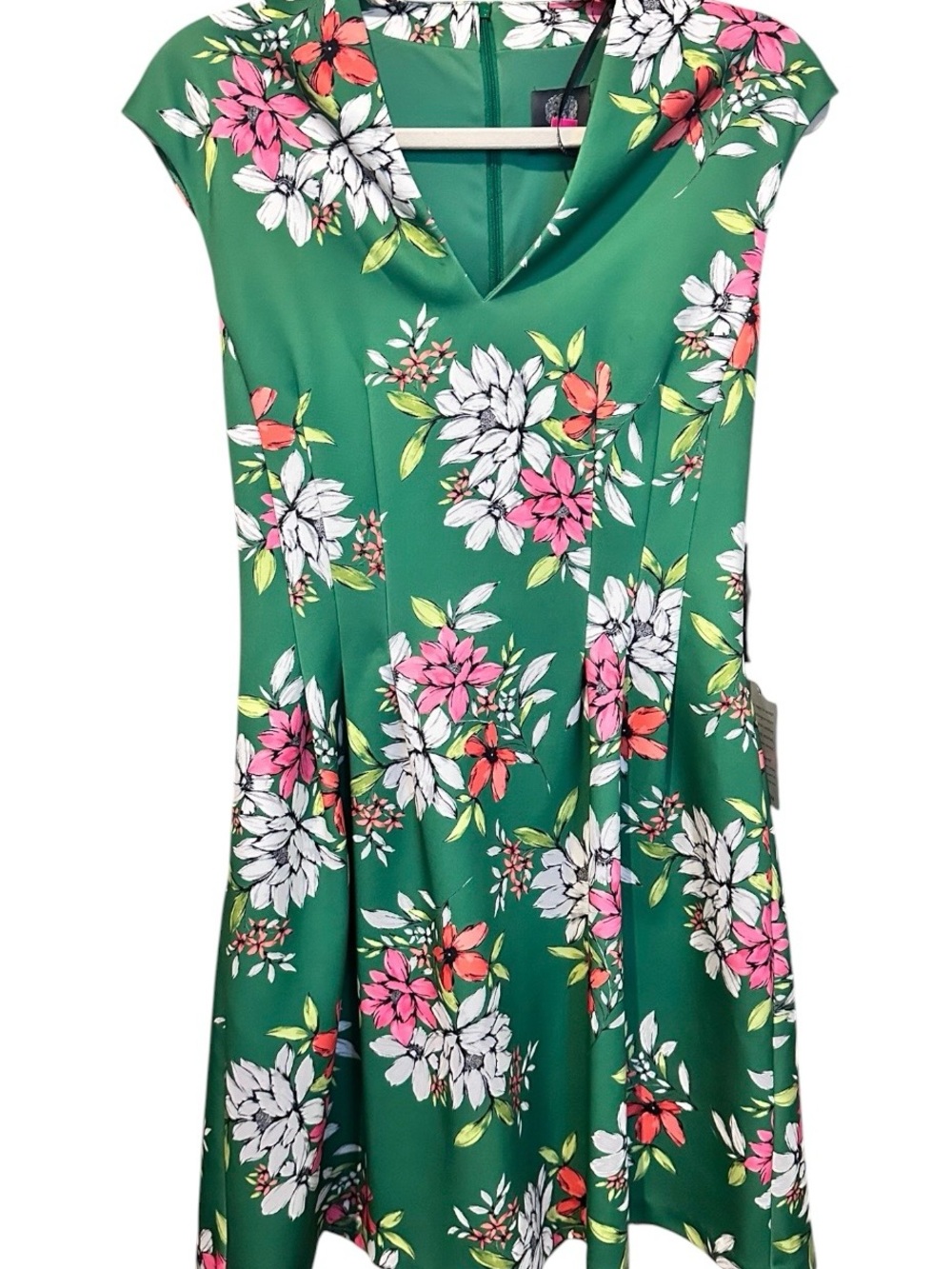 Vince Camuto Green Floral Fit-and-Flare Dress with Pink and White Blooms